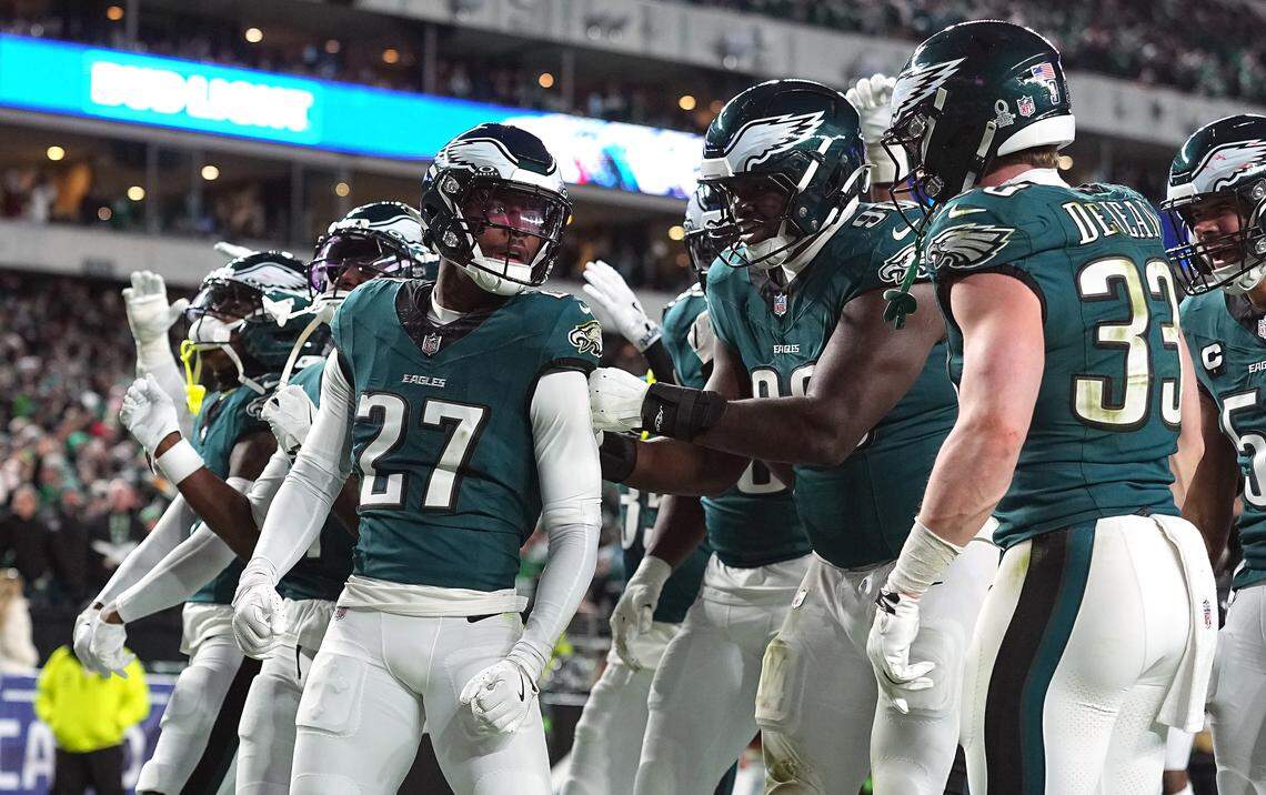 PHILADELPHIA, PENNSYLVANIA - JANUARY 11: Quinyon Mitchell #27 of the Philadelphia Eagles reacts after an interception against the San Francisco 49ers during the third quarter in the NFC Wild Card Playoff game at Lincoln Financial Field on January 11, 2026 in Philadelphia, Pennsylvania. (Photo by Mitchell Leff/Getty Images)