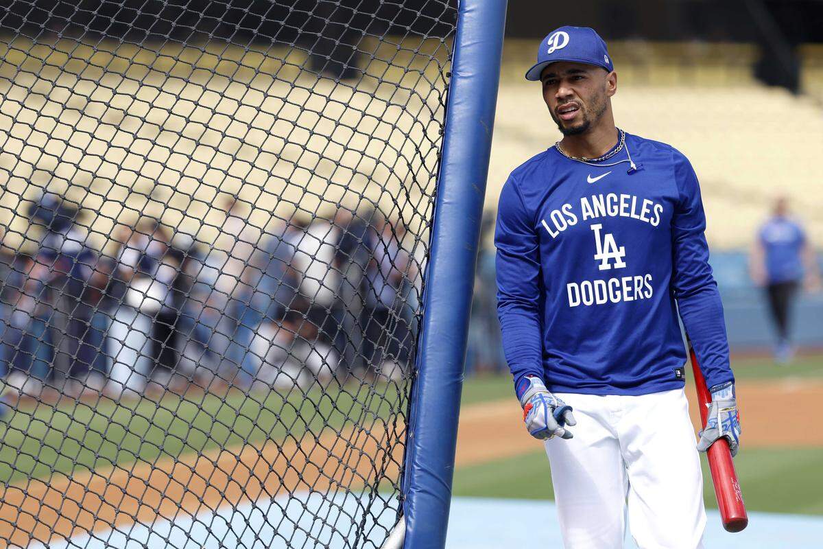 Mookie Betts of the Los Angeles Dodgers looks on during batting practice during the National League Division Series on Oct. 9. Betts credits Elk Grove-based startup Core Impact with helping him regain muscle efficiency and improve his performance during the second half of the regular season.