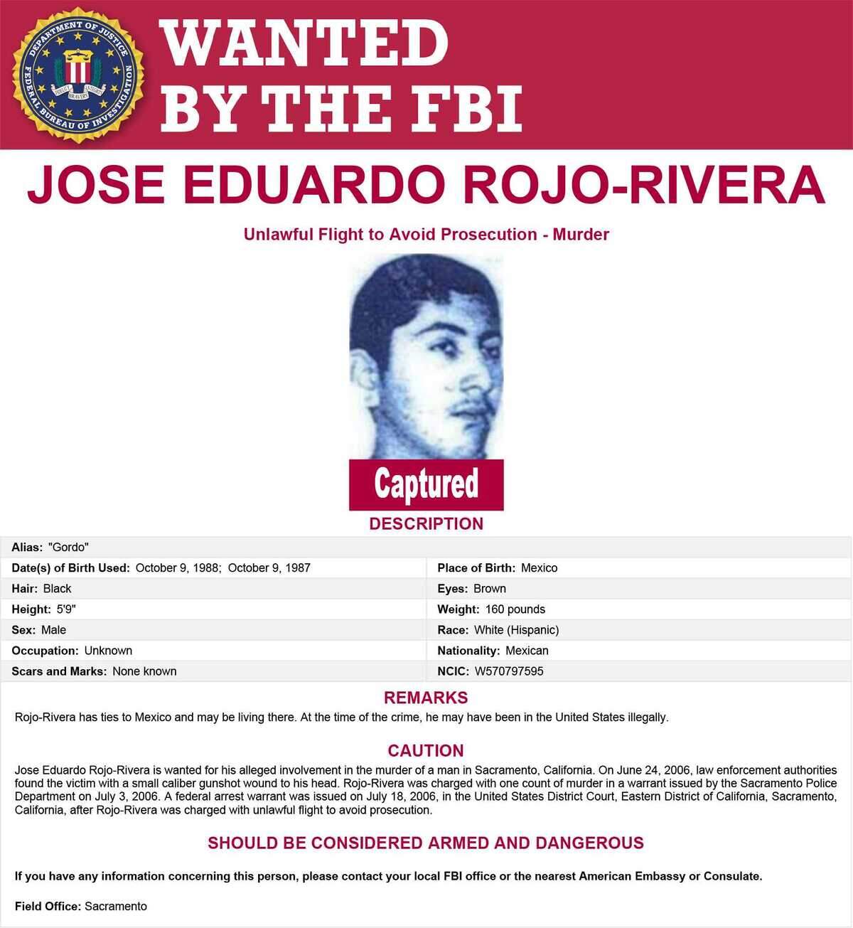 An FBI wanted posted for Jose Eduardo Rojo-Rivera, who was extradited by U.S. authorities for the 2006 killing of Gerardo Javier Jimenez-Aguilar in the North City Farms section of Sacramento.