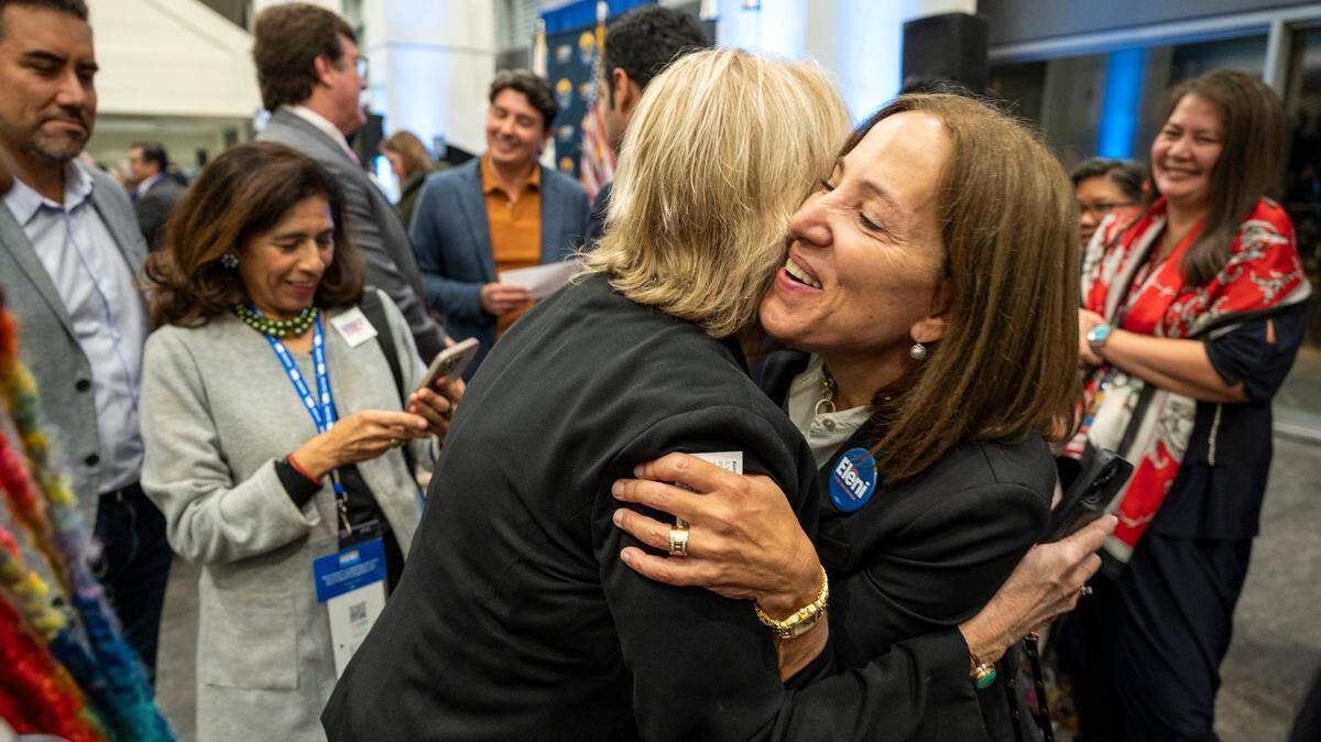 California Lt. Gov. Eleni Kounalakis hugs a supporter at the California Democratic Party fall endorsing convention on Friday, Nov. 17, 2023, at SAFE Credit Union Convention Center in Sacramento.