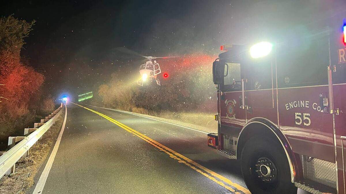Air and ground ambulances responded to two-vehicle crash on Highway 160, north of Highway 12, on Sunday, Nov. 27, 2022, in Sacramento County. An 18-year-old Sacramento man died, and a West Sacramento woman was arrested on suspicion of DUI and manslaughter.
