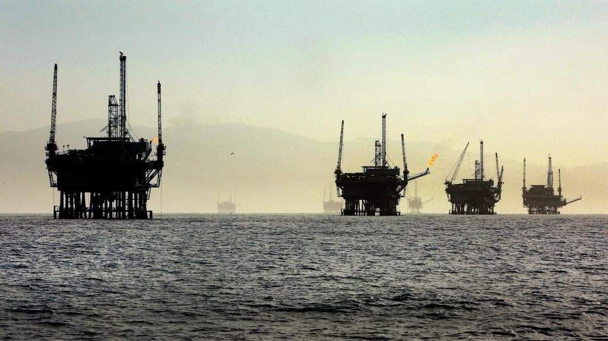 A line of off-shore oil rigs in the Santa Barbara Channel near the Federal Ecological Preserve en route to the Channel Islands National Marine Sanctuary in March 2015.