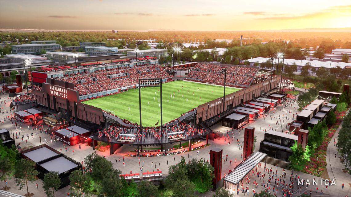 In this image looking northwest, a rendering shows Sacramento Republic FC’s expected $175 million, 12,000-seat home in downtown.