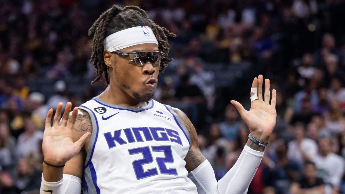 Sacramento Kings center Richaun Holmes (22) puts his hands up in innocence after defensive stop against the Los Angeles Lakers during the second half of the preseason NBA basketball game Friday, Oct. 14, 2022, at Golden 1 Center in Sacramento.