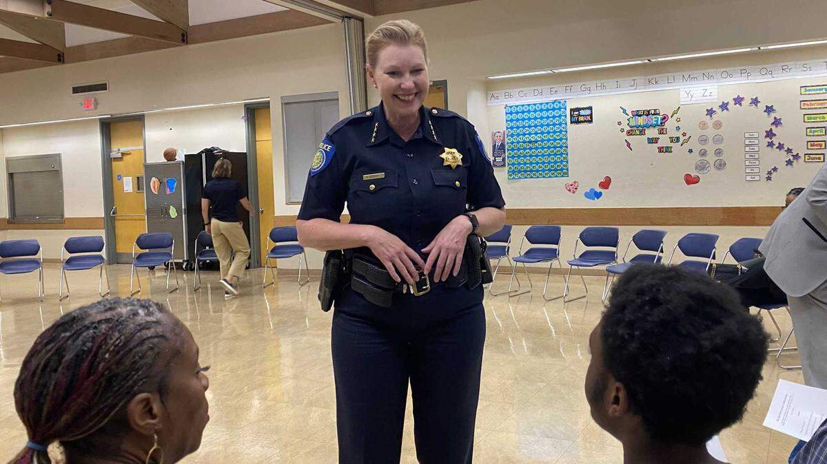 Sacramento Police Chief Kathy Lester on Wednesday, June 12, 2024, discusses ways to reduce violent crime this summer with residents at the Oak Park Community Center in Sacramento.