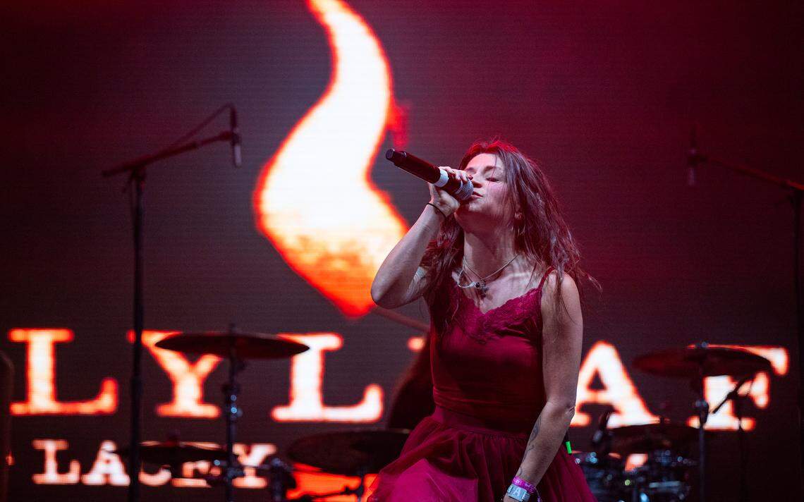 Lacey Sturm performs with Flyleaf during the Aftershock festival on Sunday, Oct. 5, 2025, in Sacramento’s Discovery Park.