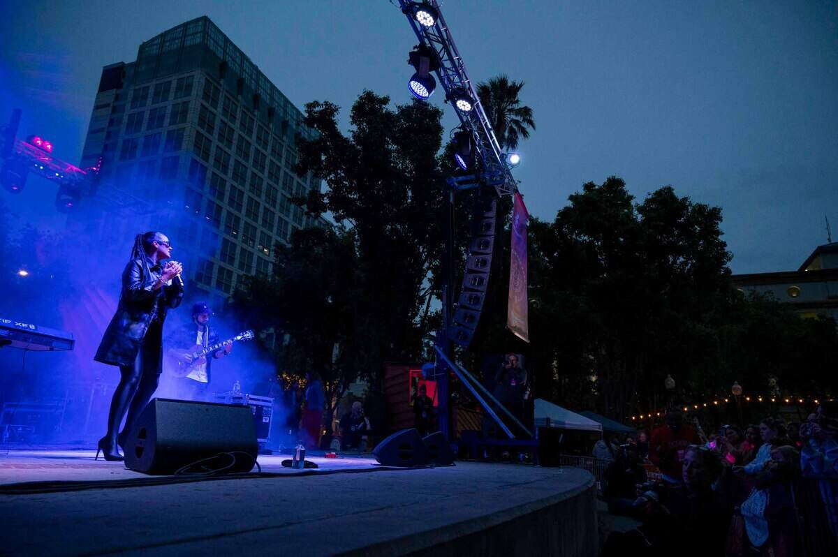 Latin Grammy-nominated singer Kat Dahlia performs on stage as fans filled Cesar Chavez Plaza for the opening night of the Concerts in the Park series that began on Cinco de Mayo.