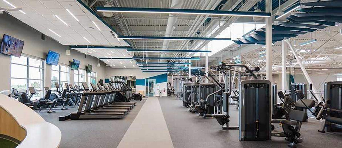 Fitness equipment lines the second floor of CORE Recreation Center in Elk Grove, where cardio machines and free weights overlook the indoor courts. The recreation center will open July 26.