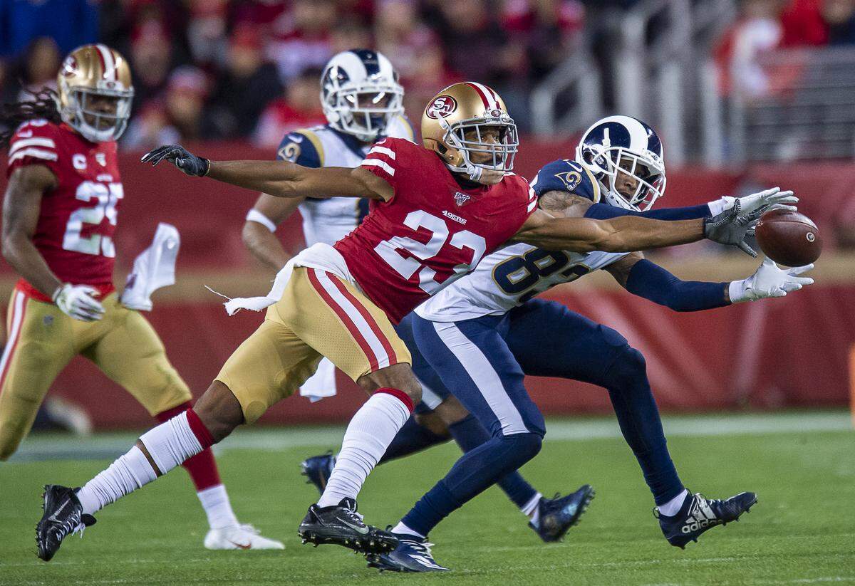 Then-San Francisco 49ers cornerback Ahkello Witherspoon breaks up pass to Los Angeles Rams wide receiver Josh Reynolds in the fourth quarter during a game at Levi’s Stadium on Saturday, Dec. 21, 2019 in Santa Clara. Witherspoon now plays for the Los Angeles Rams, who play in the NFC Championship Game this Sunday.