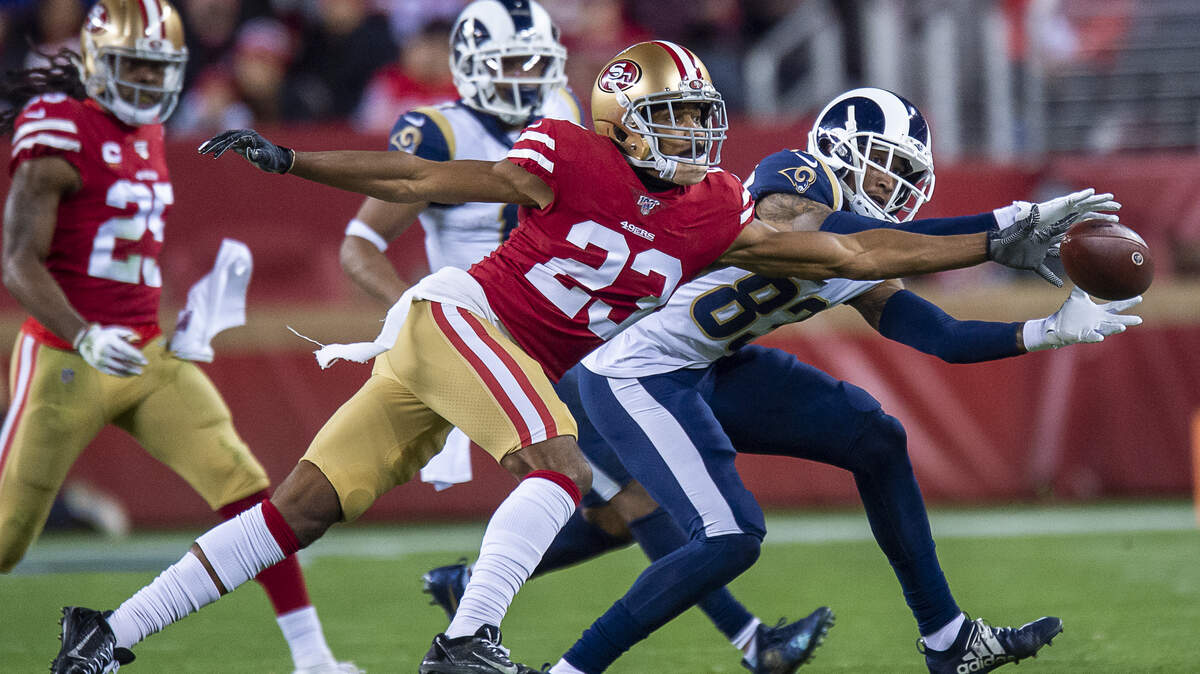 San Francisco 49ers cornerback Ahkello Witherspoon (23) breaks up pass to Los Angeles Rams wide receiver Josh Reynolds (83) in the fourth quarter during a game at Levi’s Stadium on Saturday, December 21, 2019 in Santa Clara, Calif.