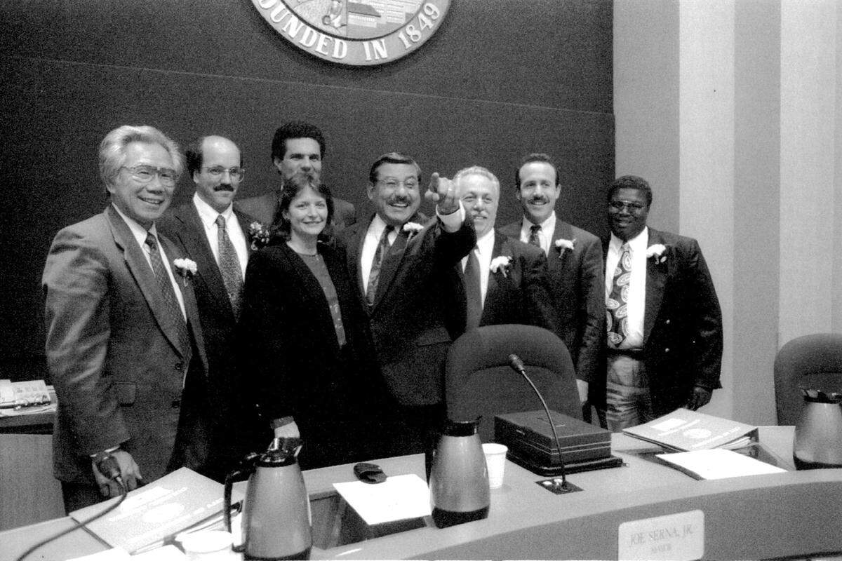 The Sacramento City Council, featuring newly elected Darrell Steinberg, second from right, in District 6 and a new Mayor in Joe Serna, poses for a photo after its new members were sworn in November 1992. From left: Jimmie Yee, Rob Kerth, Heather Fargo, Josh Pane, Serna, Terry Kastanis, Steinberg and Sam Panell.