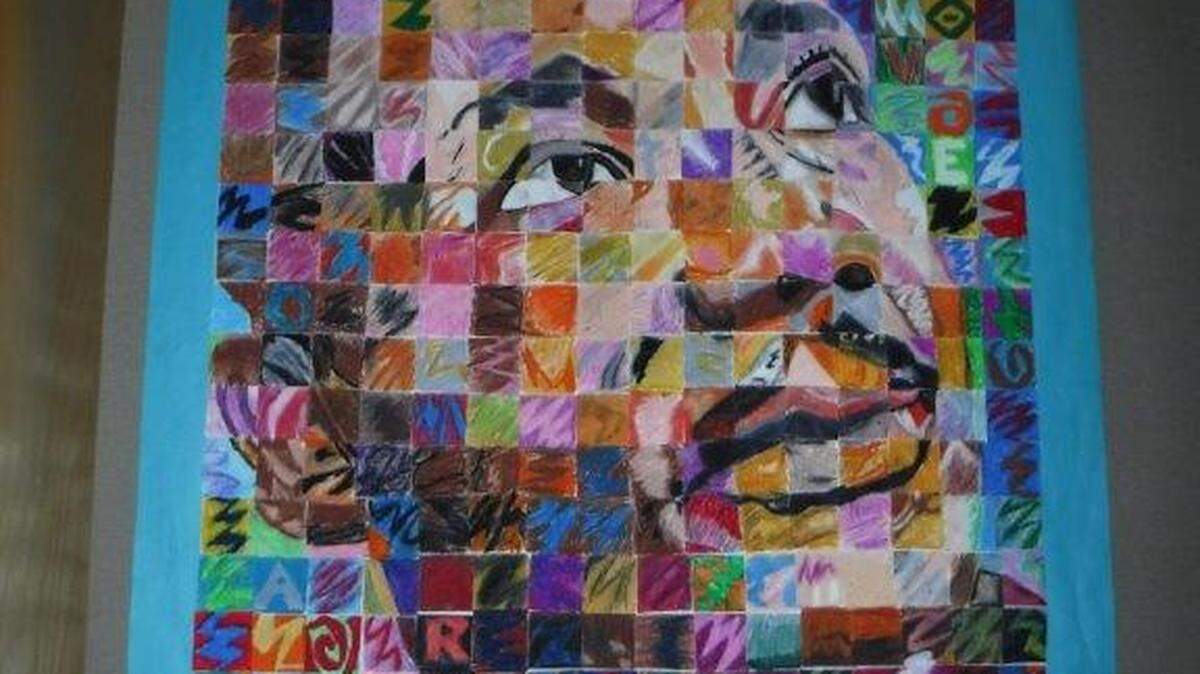 A portrait of martin Luther King Jr. made by kids from the Sacramento Youth Detention Facility hangs in the Sacramento County Juvenile Court as part of a new initiative called Fresh Start Art.