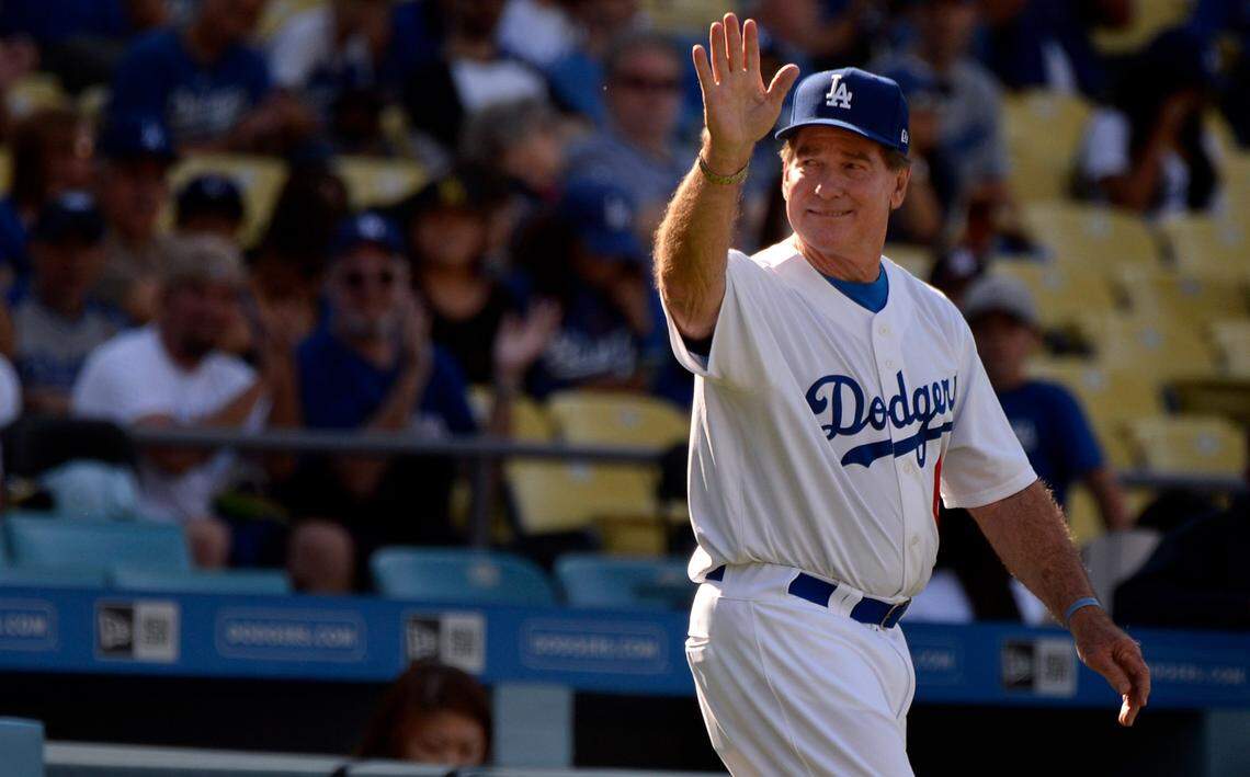 Former Los Angeles Dodgers first baseman Steve Garvey takes the field for an “Old Timers” game before the Dodgers played the Cincinnati Reds in 2017 at Dodger Stadium.