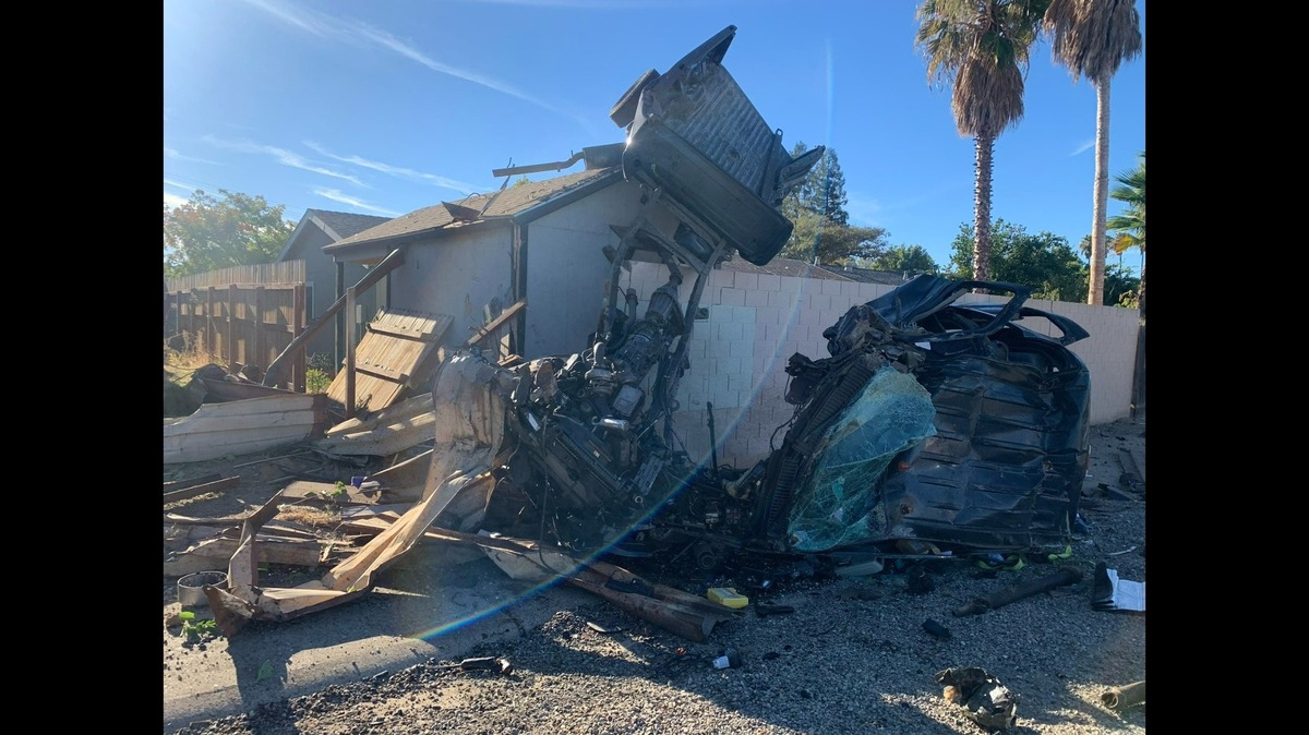 Four people were taken to hospitals after a two-vehicle crash resulted in a pickup truck landing on a dividing wall and a residence near Roseville Road and Whyte Avenue in Sacramento County’s Antelope area Monday morning, Oct. 24, 2022.