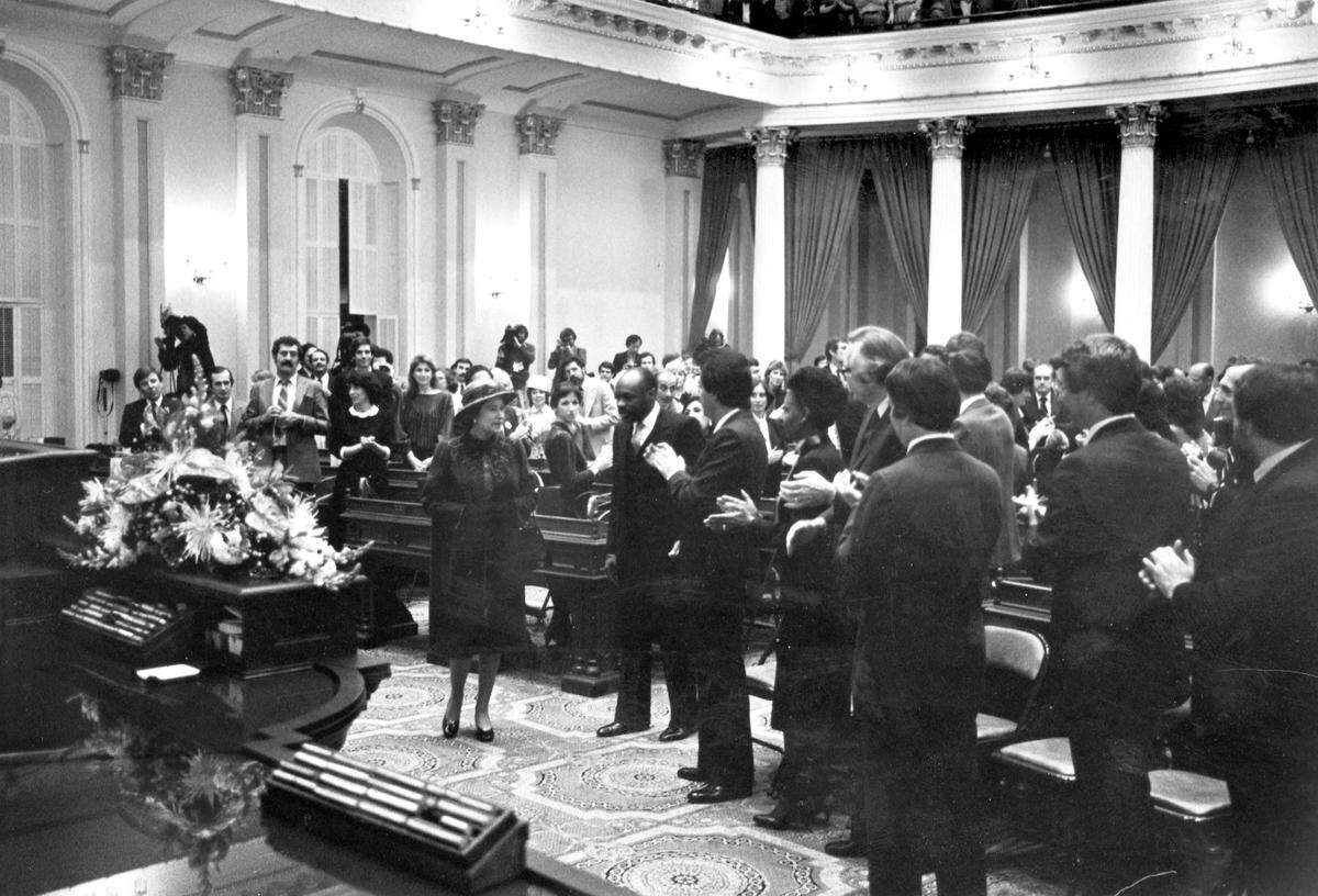 Queen Elizabeth II meets Speaker Willie Brown in the California state Assembly on March 4, 1983.