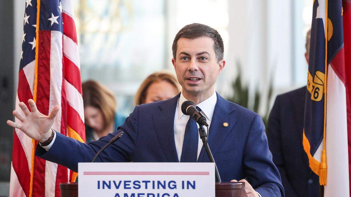 Transportation Secretary Pete Buttigieg visits Charlotte Douglas International Airport on Thursday, February 15, 2024, to announce nearly $1 billion in investments headed to airports across the country made possible by the bipartisan infrastructure law.
