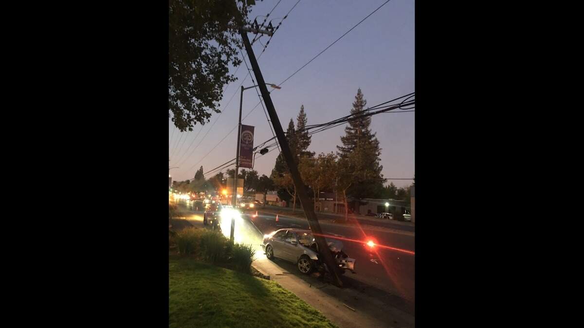 A car collided with a power pole on northbound Sunrise Boulevard near Sun Center Drive on Thursday morning, leading to extended closure of one lane as crews repair the electrical pole.
