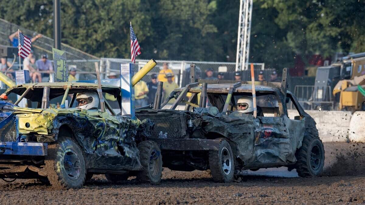 Brian Salvera (58) rear-ends Daniel Bong (2) during the demolition derby at Rodeo Arena inside the California State Fair on Saturday, July 22, 2023, in Sacramento.

