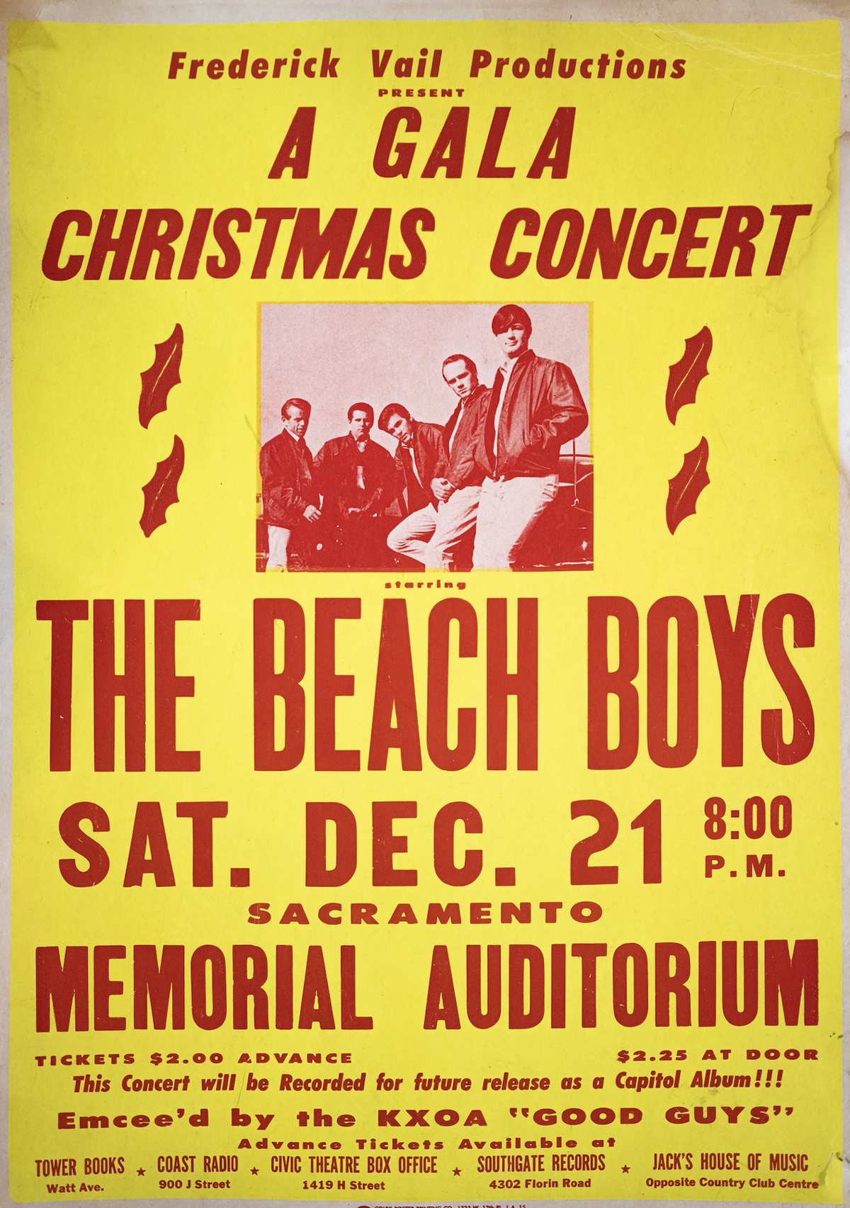 A poster from a Dec. 21, 1963, Beach Boys performance at Memorial Auditorium in Sacramento, promoted by Fred Vail. A Concert LP featuring a live recording from the show was released in 1964.