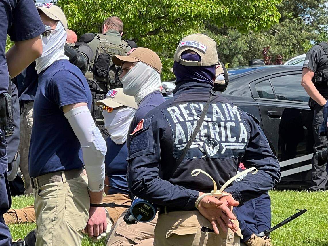 Authorities arrest members of the white supremacist group Patriot Front near an Idaho pride event Saturday, June 11, 2022.