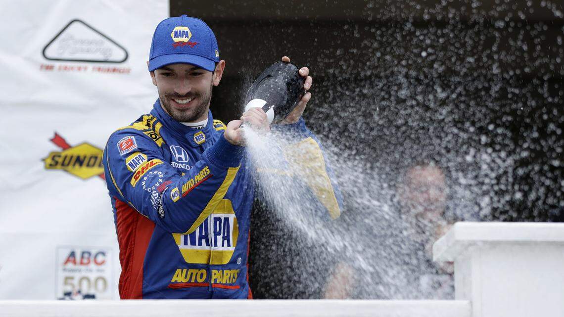 Alexander Rossi celebrates his victory at Pocono Raceway on Aug. 19 in Long Pond, Pa. The Nevada City native is in the championship chase heading into the final race of the season at Sonoma Raceway, which is considered his home track.