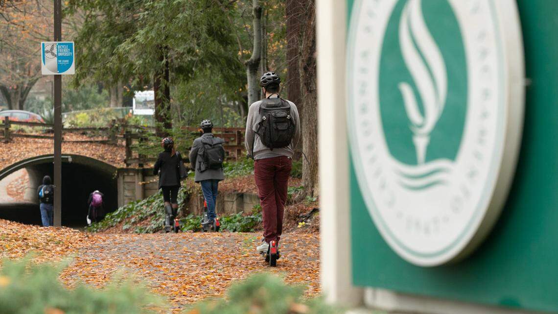 Sacramento State students walk on campus in an undated photo. The university’s College of Business suspended its Master of Business Administration for Executives program as of fall 2024, citing low enrollment numbers.