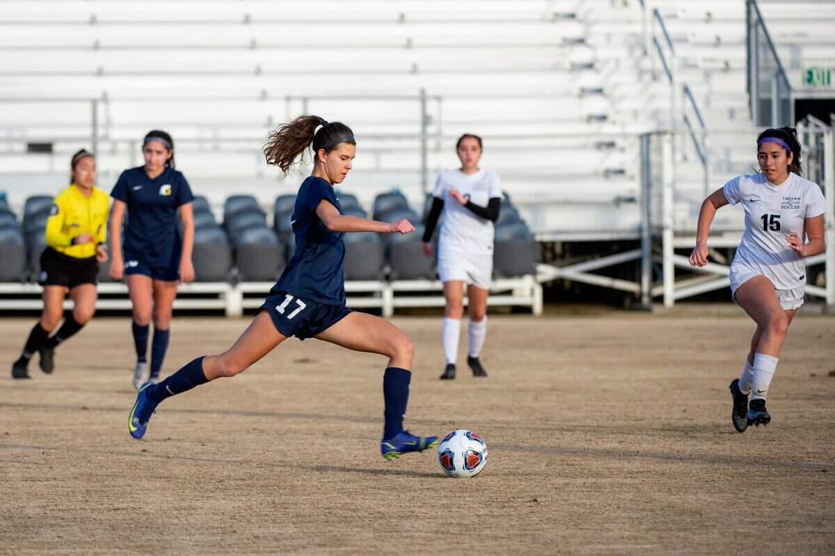 The Oak Ridge Trojans Emily Lieber (17) scores a goal during the first half at the CIF Sac-Joaquin Division I girls soccer championship on Thursday at Heart Health Park in Sacramento. Lieber scored 2 goals. Oak Ridge won 8-1.
