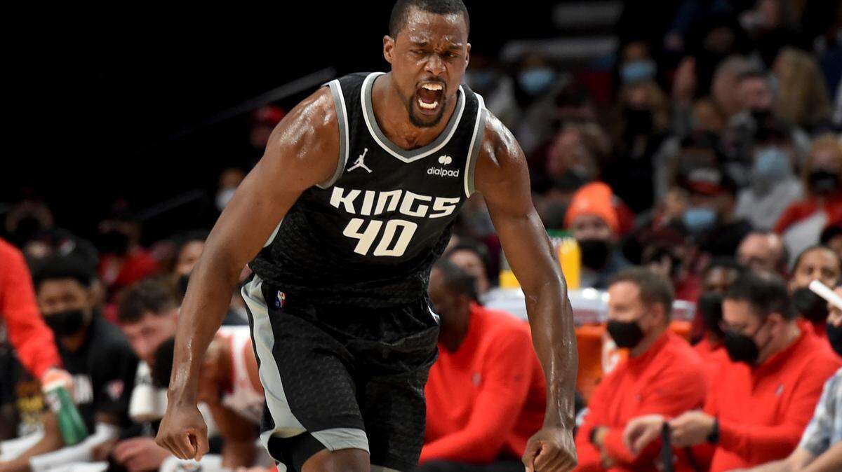 Sacramento Kings forward Harrison Barnes reacts after hitting a shot during the second half of the team’s NBA basketball game against the Portland Trail Blazers in Portland, Ore., Wednesday, Oct. 20, 2021. The Kings won 124-121. (AP Photo/Steve Dykes)