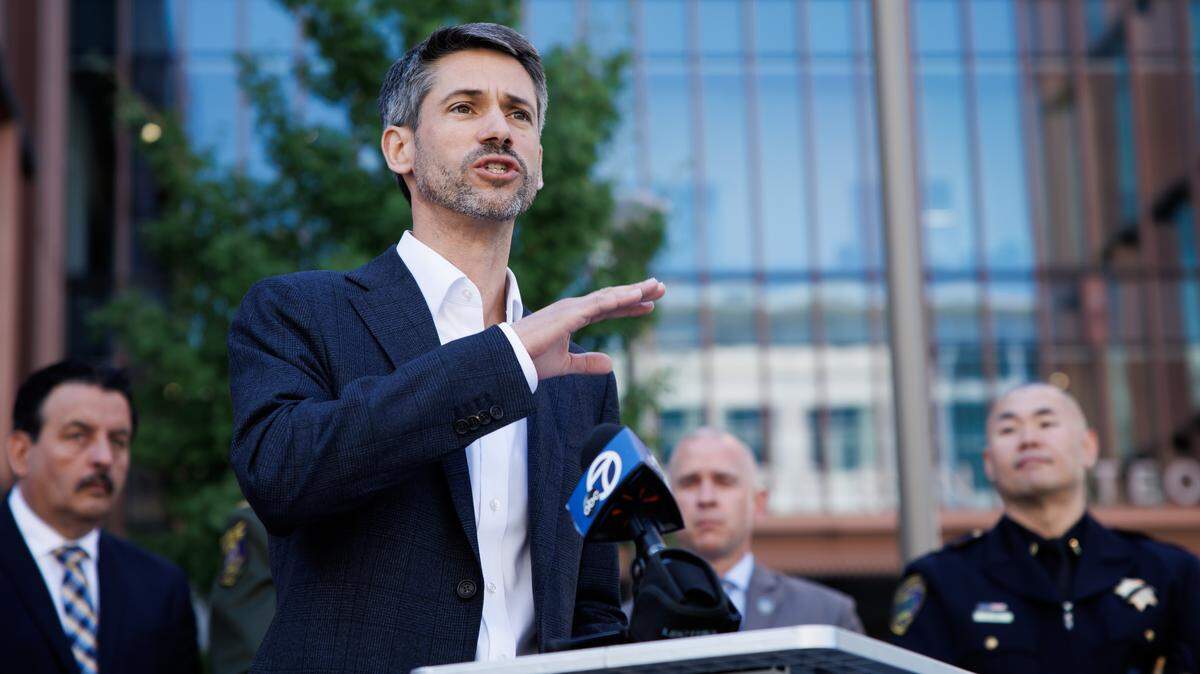 San Jose Mayor Matt Mahan speaks during a press conference in Redwood City on Aug. 26, 2024. Mahan recently announced he’s joining the race for governor.