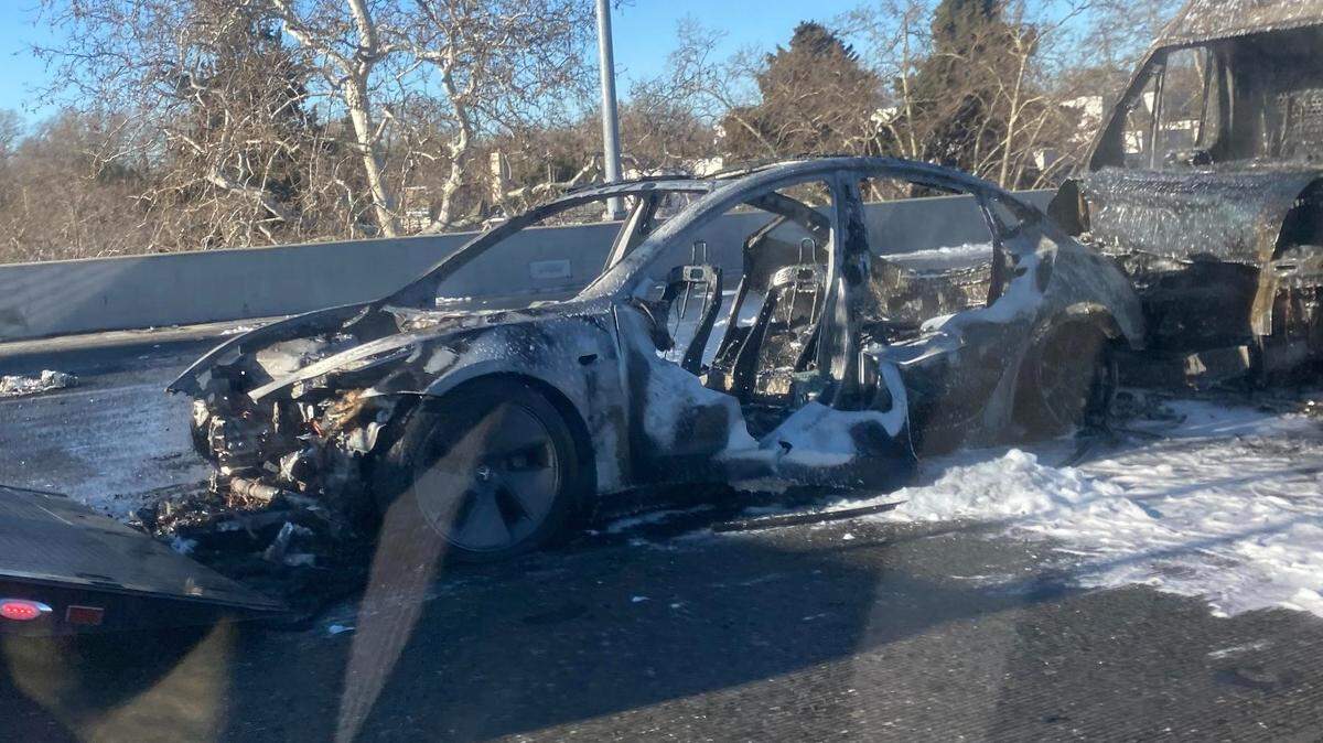 A Tesla and a truck both caught fire after a crash Tuesday, Feb. 28, 2023, on eastbound Highway 50 near 15th Street in Sacramento, fire officials said.