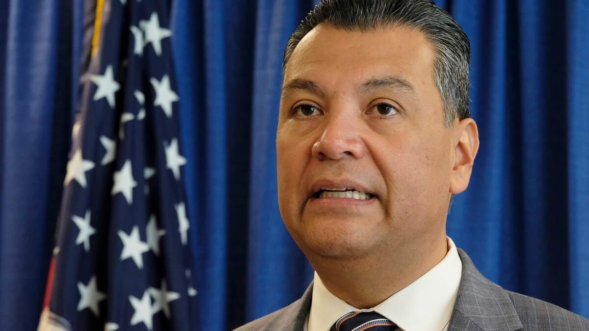 FILE - In this Nov. 2, 2018, file photo, California Secretary of State Alex Padilla speaks in San Francisco. Election Day is over but California already is consumed with its next high-profile political contest the competition to fill Kamala Harris’ soon-to-be-vacant U.S. Senate seat. Padilla is one of a group of people being considered as one of the candidates for the Senate pick. (AP Photo/Eric Risberg, File)
