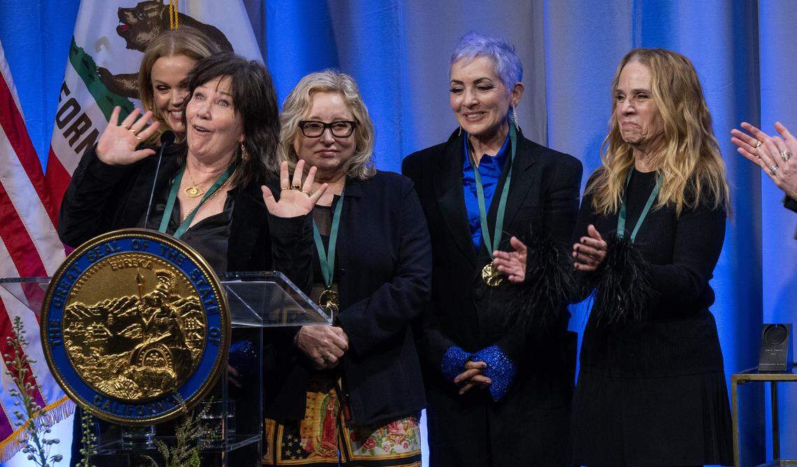 Kathy Valentine of the Go-Go’s is overjoyed as she speaks after being inducted into the California Hall of Fame on Tuesday, Feb. 6, 2024, at the California Museum in Sacramento.