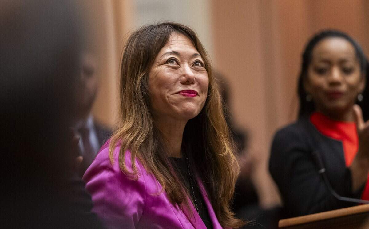 California State Treasurer Fiona Ma stands as she is introduced during the swearing-in ceremony of Senate President pro tem Monique Limón, D-Goleta, on Monday, Jan. 5, 2026.