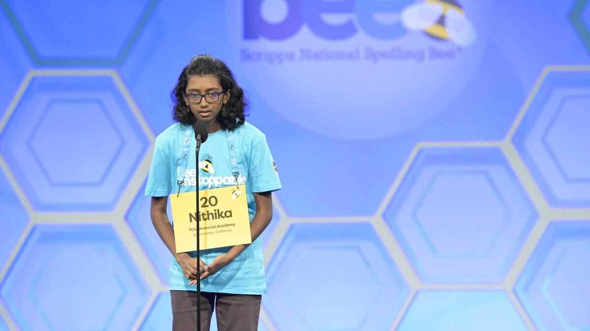 Speller 20 Nithika Rangan, representing TCG Memorial Academy, competes in the preliminaries of the 2024 Scripps National Spelling Bee in National Harbor, Md., on May 28.