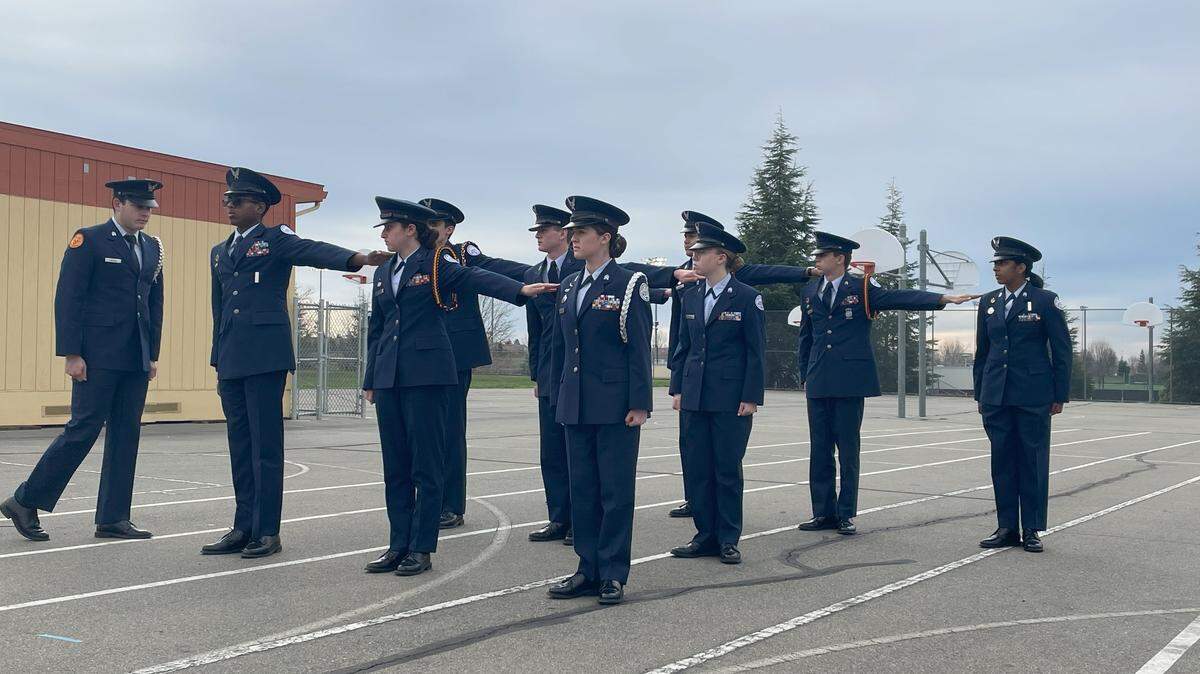 Whitney High School cadets in the Air Force Junior ROTC program run military drills on Feb. 16, 2024. Whitney High’s program currently has 68 students and is divided up into individual classes.