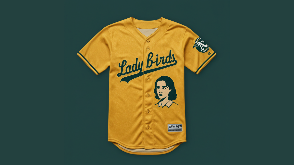 The A’s do not have a a City Connect uniform because the team is not officially connected to a city, even though it is current playing in West Sacramento. What would a uniform with a “Lady Bird” theme look like? This is an AI-generated image.