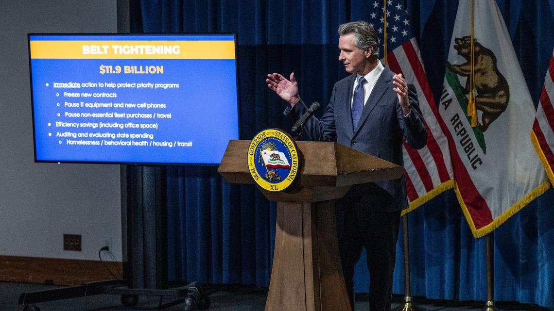 California Gov. Gavin Newsom talks about “belt tightening” as he releases his 2024-25 budget proposal, a $291.5 billion plan to close a $37.86 billion budget shortfall, on Wednesday, Jan. 10, 2024.