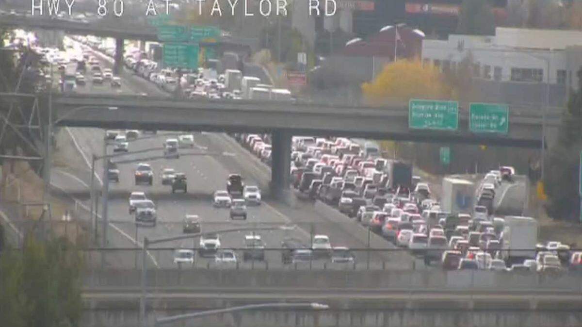 Traffic, as seen on a Caltrans traffic camera, is backed up along Interstate 80 in Roseville near Taylor Road due to a car fire on the roadway near the Douglas Boulevard exit on Friday, November 29, 2019.