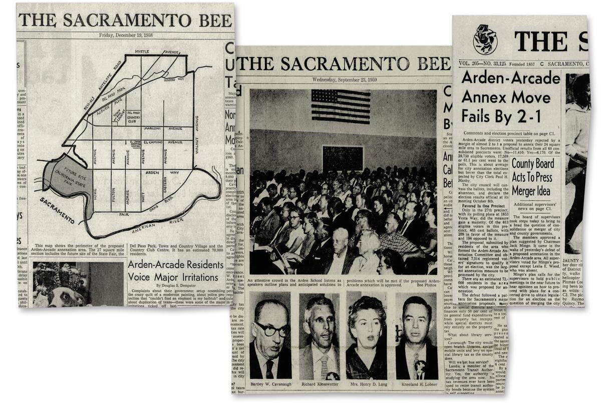 Sacramento Bee coverage of the 1959 Arden Arcade annexation vote includes a map of the proposed area to be added to the city of Sacramento and a photograph of a community meeting at the Arden School.