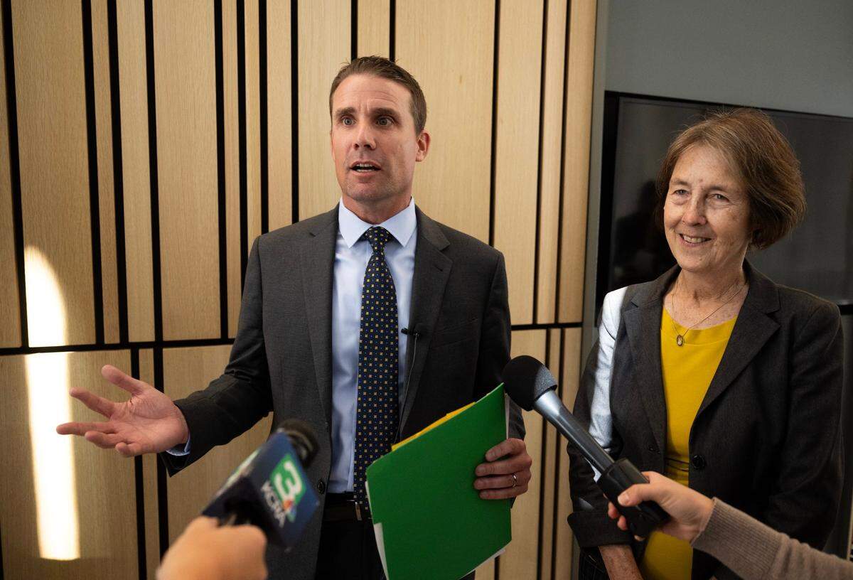 Senate Pro Tem Mike McGuire, D-Healdsburg, and Sen. Nancy Skinner, D-Berkeley, talks to the media after the Senate passed a bill on gasoline prices in a special session on Friday.