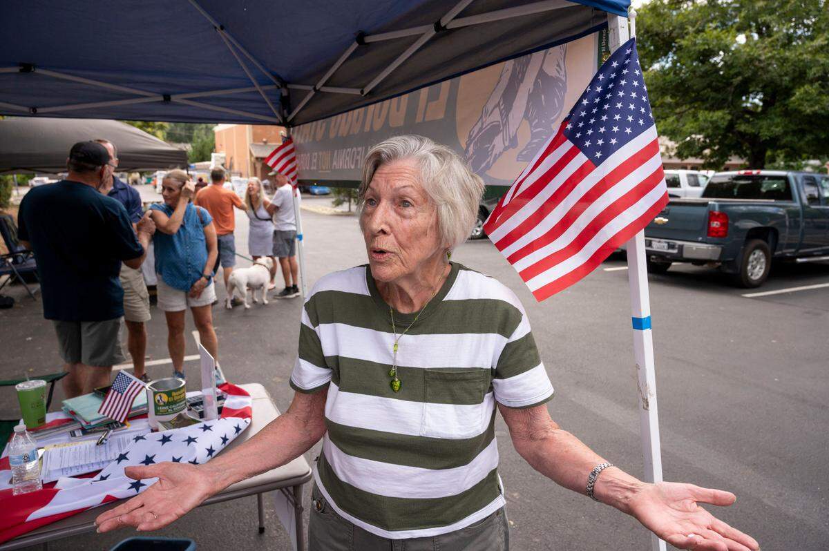 Sharon&nbsp;Durst, leader of the secessionist El Dorado state movement, talks at their booth in Placerville on Saturday, Sept. 13.