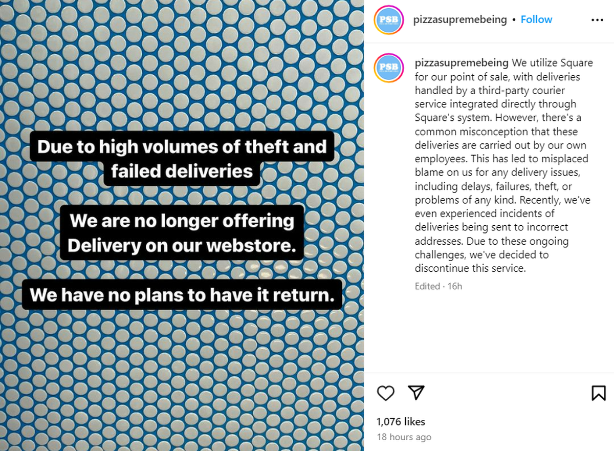 Pizza Supreme Being in Sacramento announces it will not be offering delivery due to theft and failed deliveries. 