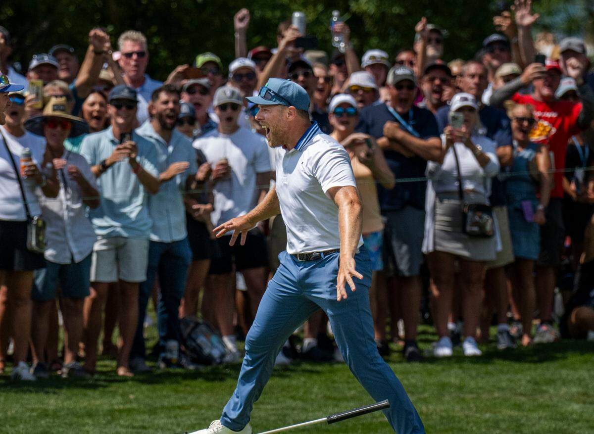 Former NHL All Star Joe Pavelski celebrates his victory during the final day of the American Century Championship celebrity golf tournament at Edgewood Tahoe Resort in Stateline, Nev., on Sunday, July 13, 2025.