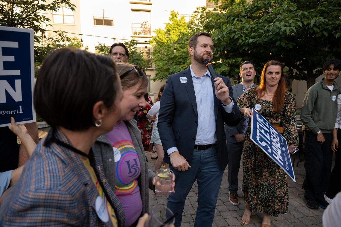 Steve Hansen announces his candidacy for Sacramento mayor with supporters at a party Tuesday, May 30, 2023.