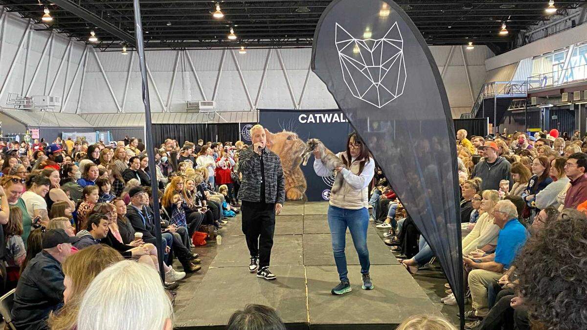 Steven Meserve, founder and CEO of Catstravaganza, talks to attendees Sunday about his event and the cat sashaying down the catwalk at Catstravaganza on Sunday at Cal Expo.