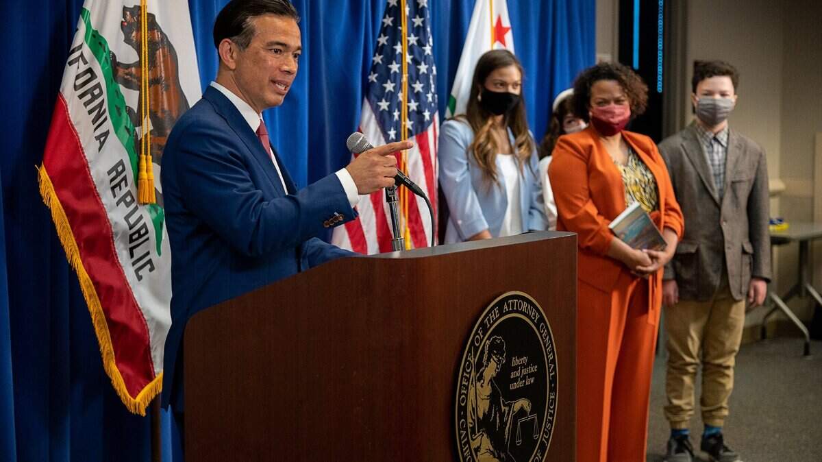 Attorney General Rob Bonta speaks after he was sworn in as Californias 34th Attorney General as his wife Mia Bonta and children Reina, Iliana and Andres watch during a ceremony on Friday, April 23, 2021 in Sacramento. Bonta, 49, will become the first Filipino American to head the Department of Justice.