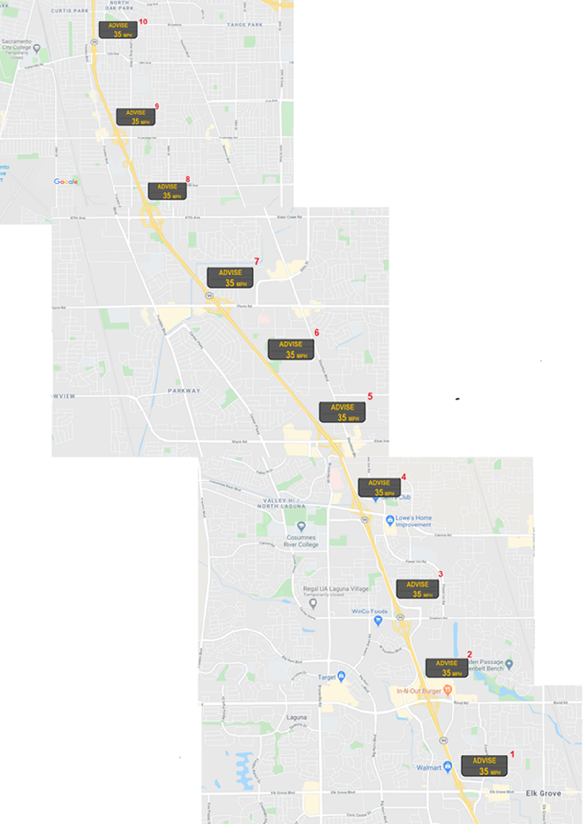 A diagram shows the planned “variable speed advisory” signs coming to northbound Highway 99 between Elk Grove Boulevard and the Highway 50 interchange, starting Nov. 1, 2021, and lasting at least six months.