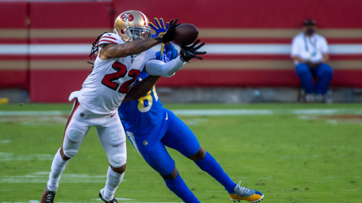 San Francisco 49ers cornerback Jason Verrett (22) breaks up pass to Los Angeles Rams tight end Gerald Everett (81) in the first quarter during a game at Levi’s Stadium on Sunday, Oct. 18, 2020 in Santa Clara.