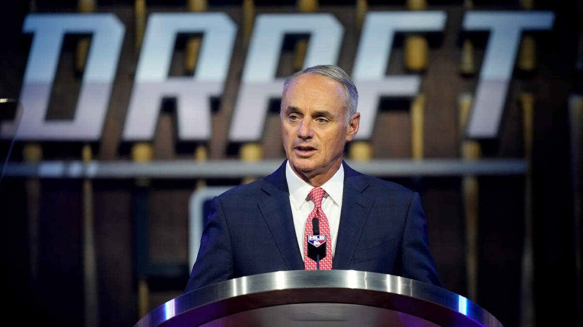 MLB Commissioner Rob Manfred starts off the first round of the 2021 MLB draft Sunday in Denver.