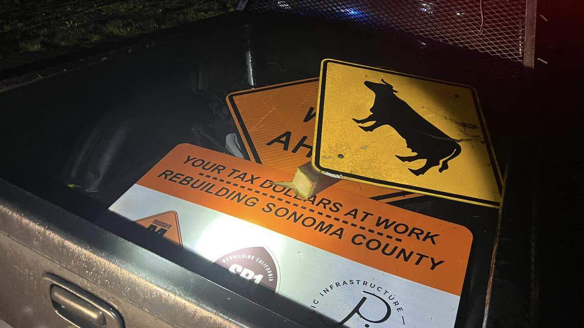 A pickup truck found stuck in the mud near Santa Rosa yielded a hoard of road signs cut down “for fun,” California cops say.
